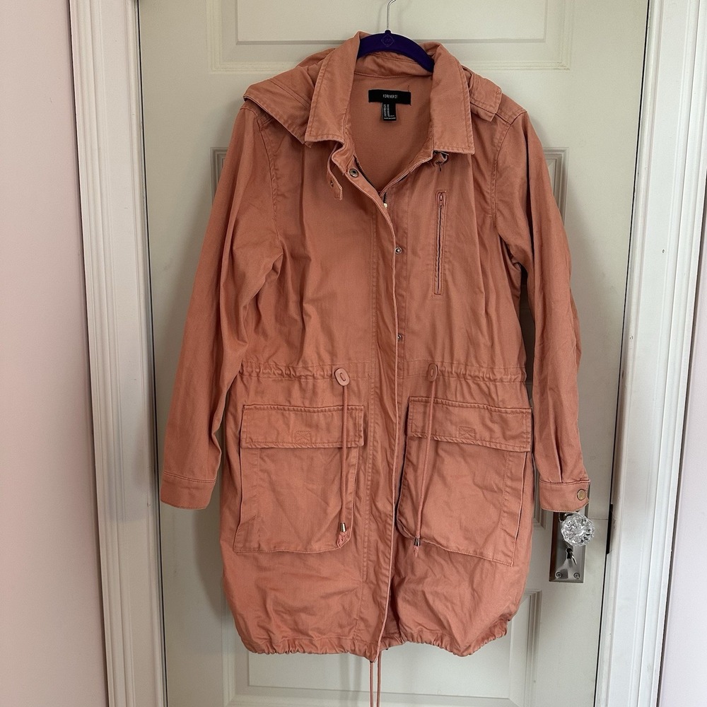 Forever 21 Women's Peach‎ Hooded Drawstring Utility Anorak Jacket Size M Cotton